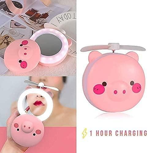 Cartoon Cute Pig LED Lights Mirror Pocket Fan - Comforzo