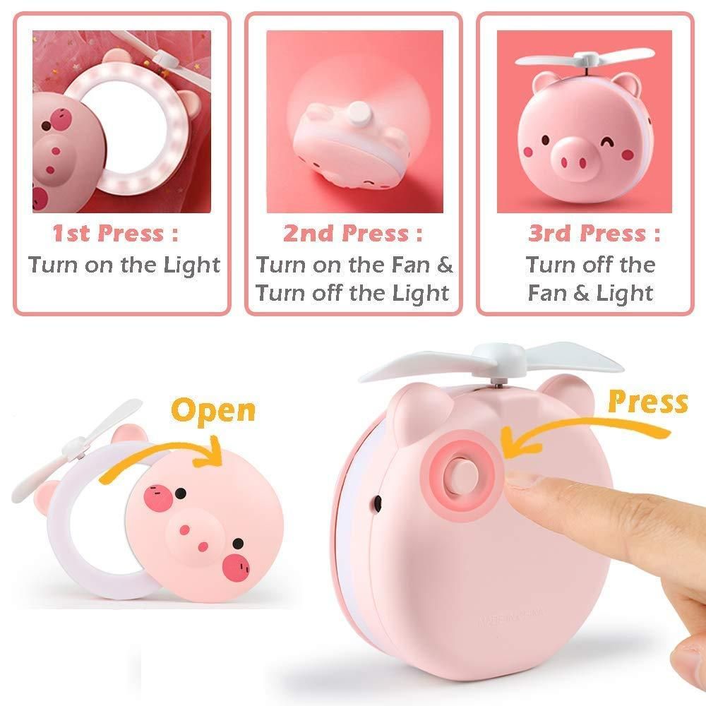 Cartoon Cute Pig LED Lights Mirror Pocket Fan - Comforzo
