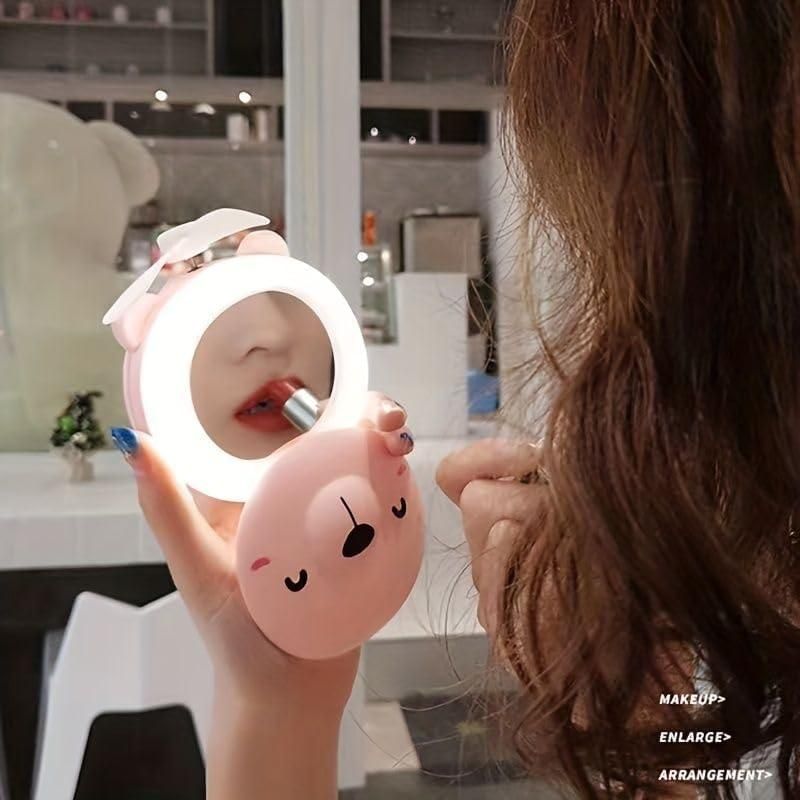 Cartoon Cute Pig LED Lights Mirror Pocket Fan - Comforzo
