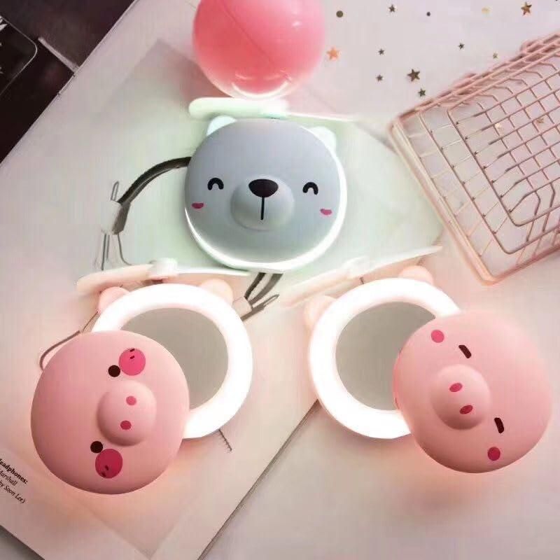Cartoon Cute Pig LED Lights Mirror Pocket Fan - Comforzo