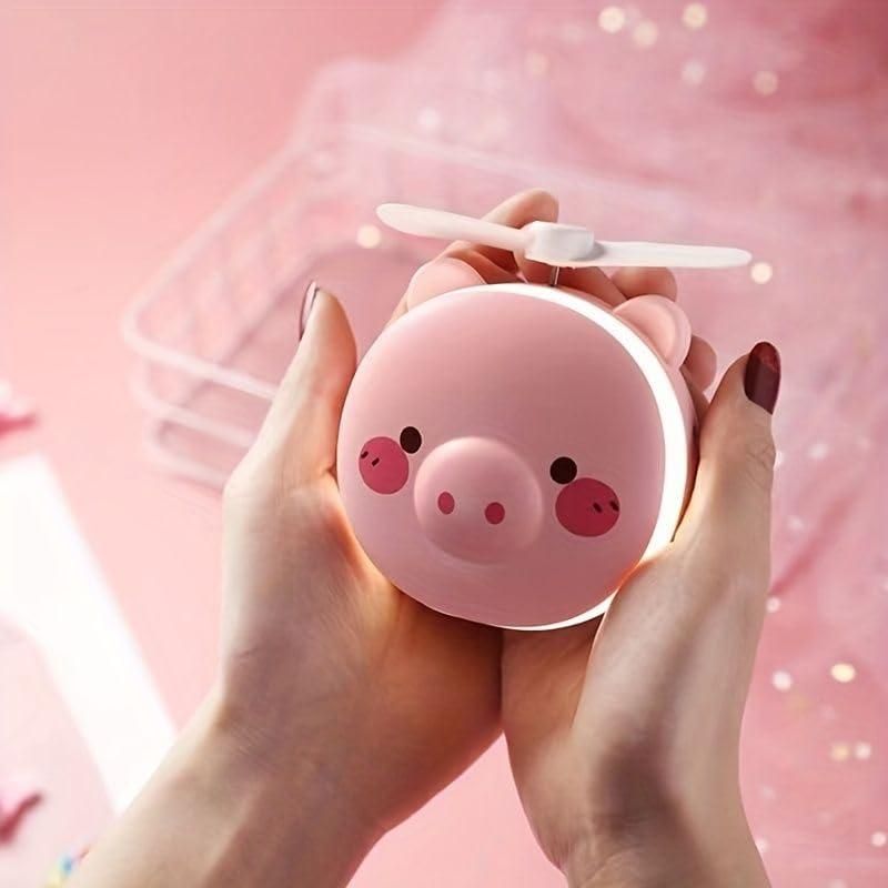 Cartoon Cute Pig LED Lights Mirror Pocket Fan - Comforzo