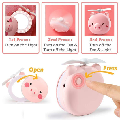 Cartoon Cute Pig LED Lights Mirror Pocket Fan - Comforzo